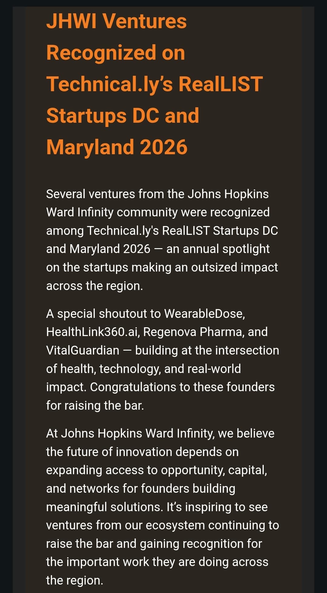 JHWI Ventures Recognized on Technical.ly's RealLIST